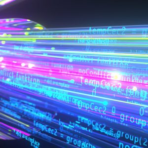 Algorithm streams over the optical fiber. 3d illustration.